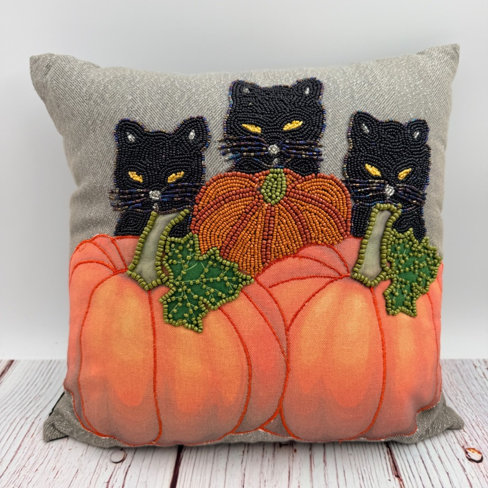 Pier 1 Halloween Beaded Black Cats Pumpkins Decorative Throw Pillow Grey Black